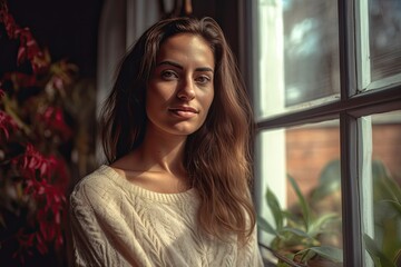 Fototapeta premium Beautiful woman gazes out window. Photo generative AI