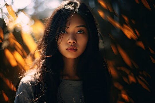 Half-lit Asian woman's portrait. Photo generative AI