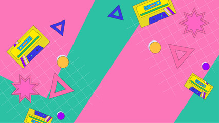 90s and 80s poster. We Love The 90's. Retro style textures and text mix. Aesthetic fashion background and eighties graphic. Pop and rock music party event template. Vintage vector poster, banner.