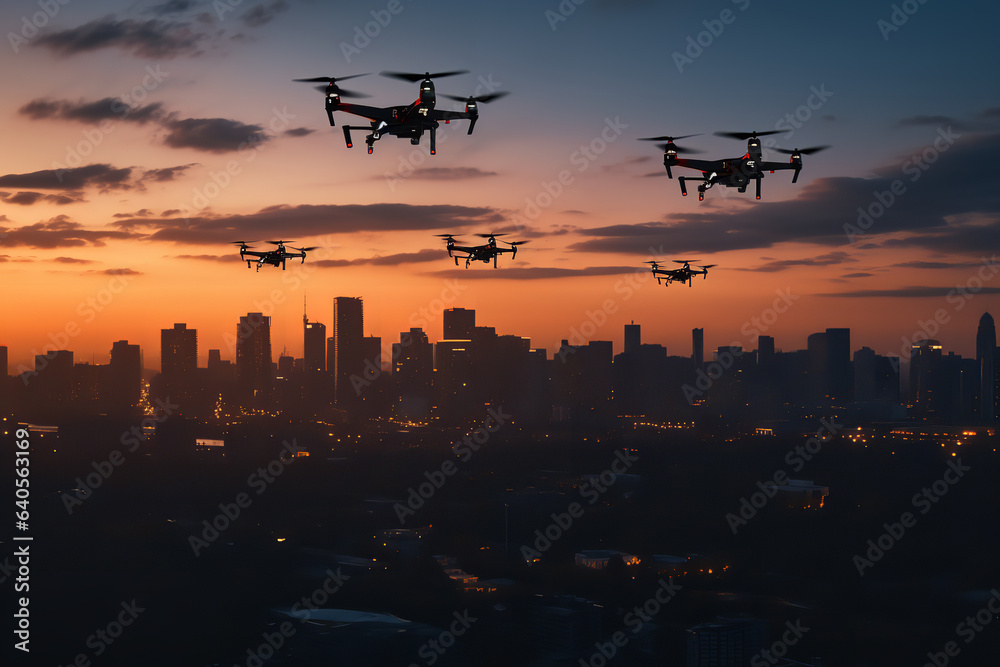 Poster  As the city skyline casts silhouettes at dusk, multiple delivery drones with lit navigation lights zigzag above, ensuring timely deliveries