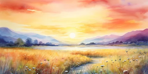 Foto op Canvas AI Generated. AI Generative. Watercolor ink drawing painting field meadow sun nature outdoor landscape background. Graphic Art © AkimD