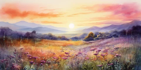 Keuken spatwand met foto AI Generated. AI Generative. Watercolor ink drawing painting field meadow sun nature outdoor landscape background. Graphic Art © AkimD