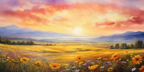 Fototapeten AI Generated. AI Generative. Watercolor ink drawing painting field meadow sun nature outdoor landscape background. Graphic Art © AkimD