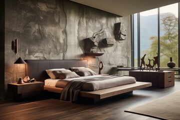 Fabulous and luxurious designer bedroom with natural sunlight stone walls and natural materials. Modern bedroom, contemporary 3d render