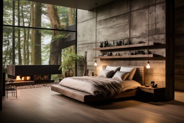 Fabulous and luxurious designer bedroom with natural sunlight stone walls and natural materials. Modern bedroom, contemporary 3d render