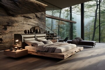 Fabulous and luxurious designer bedroom with natural sunlight stone walls and natural materials. Modern bedroom, contemporary 3d render
