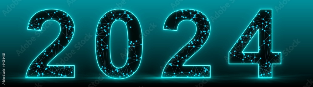 Poster 2024 banner - abstract image of the new year - made of wireframe mesh polygon on gradient background