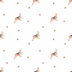 watercolor seamless pattern rabbit from vintage carousel with collar. vintage pattern moon stars rabbit for printing on textiles, wrapping paper, clothing.