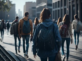 Obraz premium Back of students going to campus