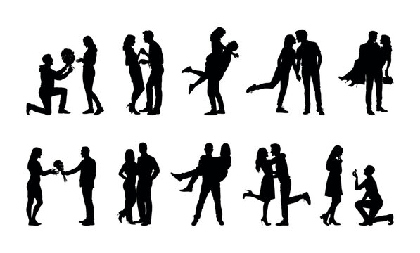  Silhouettes set of romantic couple portrait with different poses collection.