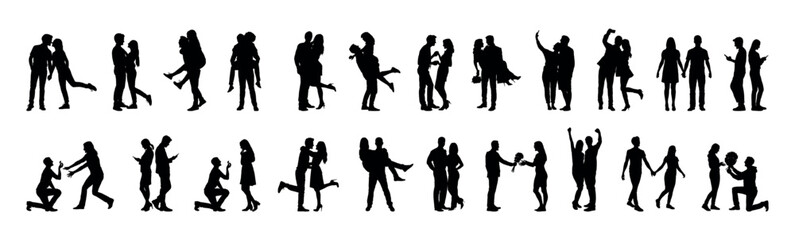 Couple portrait with various romantic poses vector silhouette set collection.