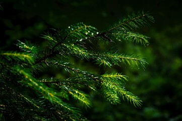 Pine green branch with water drops