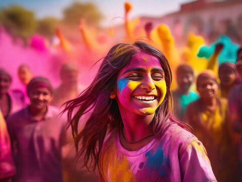 Happy young girl on Holi festival of colors