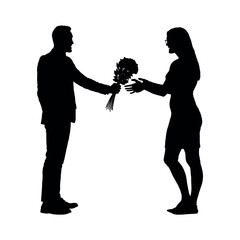 Man giving flowers to a woman vector silhouette.