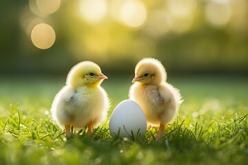 two newborn chickens and an egg on the grass - Powered by Adobe
