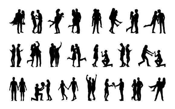 Romantic couple poses vector silhouette set collection. 