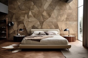 Luxury Bedroom Highlighting Natural Elements, Warm Hardwood Floors, Wood Walls, and Light Beige Palette.