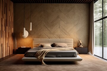 Interior designer bedroom, nice soft beige tones and natural materials like wood and stone