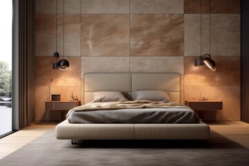 Luxurious interior design, bedroom with wooden walls and fabulous furniture. 3d render generative ai