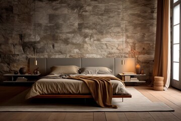 Interior designer bedroom, nice soft beige tones and natural materials like wood and stone