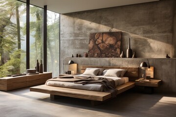 Luxurious interior design, bedroom with wooden walls and fabulous furniture. 3d render generative ai