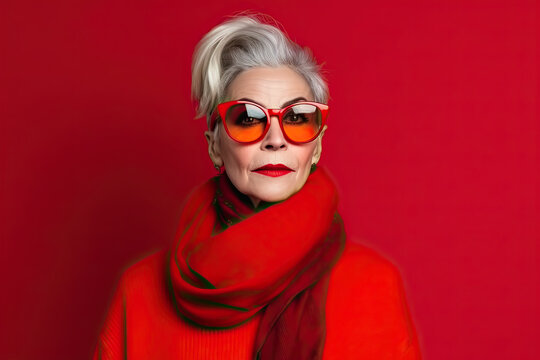 Studio shot of handsome senior woman hipster dressed in stylish coat and sunglasses. Isolated on red background