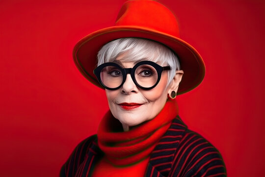 Studio shot of handsome senior woman hipster dressed in stylish coat and sunglasses. Isolated on red background