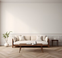 Zeitgenössisches Wohnzimmerdesign: Weiß und Holz mit stilvollem Sofa
