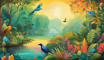 Fototapeta na wymiar Beautiful parrots in the tropical jungle.
