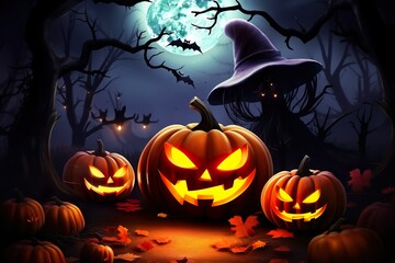 spooky halloween pumpkins illuminated inside with halloween concept background 