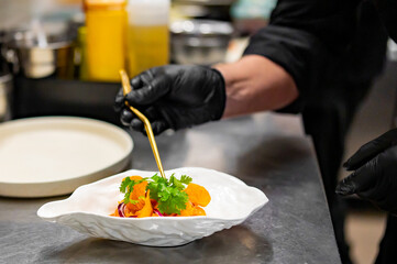 chef cooking Seviche with salmon on kitchen