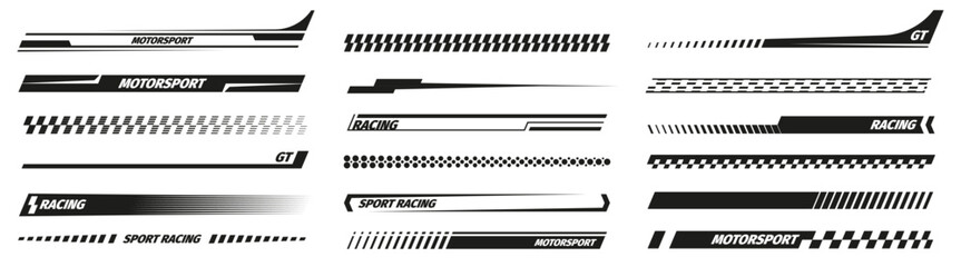 Black racing stripes. Modern race modification mark, elegant futuristic techno decals for bike car and motorcycle. Vector set. Motor vehicle stickers for tuning isolated collection - Powered by Adobe
