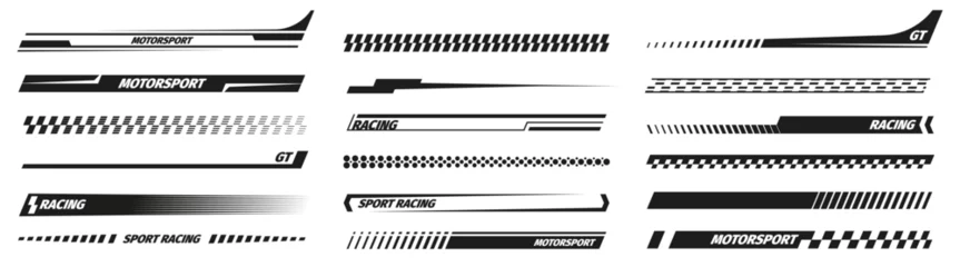 Papier Peint photo Voitures de dessin animé Black racing stripes. Modern race modification mark, elegant futuristic techno decals for bike car and motorcycle. Vector set. Motor vehicle stickers for tuning isolated collection