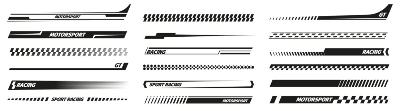 Black racing stripes. Modern race modification mark, elegant futuristic techno decals for bike car and motorcycle. Vector set. Motor vehicle stickers for tuning isolated collection