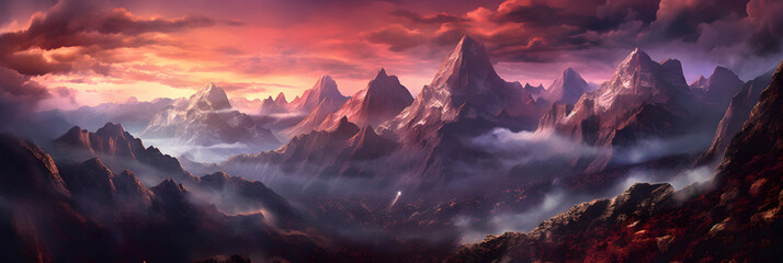A Mountain Dream Panorama with awesome sky during golden hour hiking in the mountains, beautiful cloudy sky in an unbelievable dream world of mountains, generative ai 