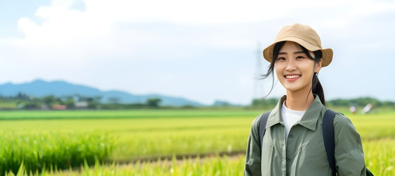 Young smiling Asian female farmer with a hat in rice fields background, agricultural and farming photography, Horizontal format 9:4