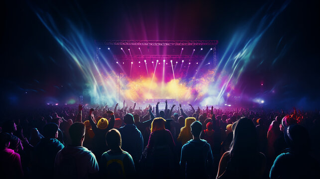 large crowd of people at a concert with great lightshow on the stage 