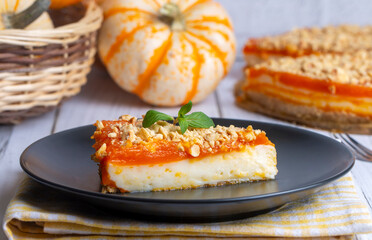 Handmade delicious pumpkin cheesecake and small pumpkins, Turkish name; balkabakli cheesecake. Pumpkin dessert.