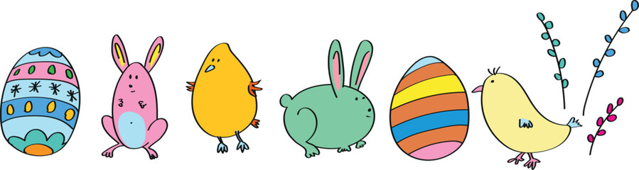 Fun hand drawn Easter themes, chick, bunny, catkins and Easter eggs - 640567773