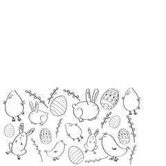 Fun hand drawn Easter themes, chick, bunny, catkins and Easter eggs - 640567782