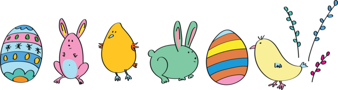 Fun hand drawn Easter themes, chick, bunny, catkins and Easter eggs