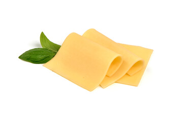 Slices of gouda cheese, isolated on white background.