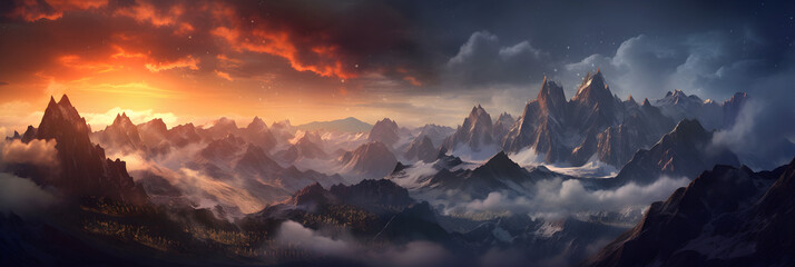 A Mountain Dream Panorama with awesome sky during golden hour hiking in the mountains, beautiful cloudy sky in an unbelievable dream world of mountains, generative ai 