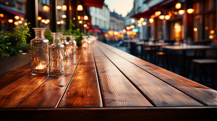 empty wooden table in front of abstract blurred background for product display in a coffee shop, local market or bar.
