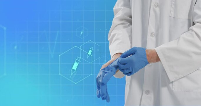 Animation of medical icons and caucasian doctor wearing medical gloves on blue background