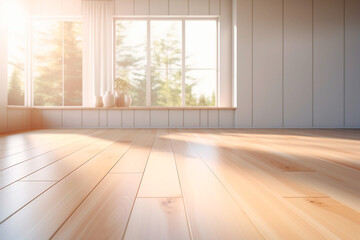 Empty light interior background scandinavian style floor, eco  interior, warm sunlight 