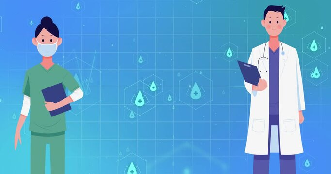 Animation of medical icons and nurse with doctor on blue background