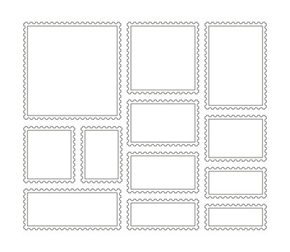 Rectangular perforated labels collection. Blank outline borders for mail letter. Post stamps. Postage frames set. Empty postal stamp. White paper postmarks on gray background. Vector illustration.