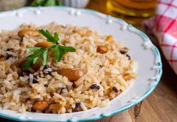 Traditional delicious Turkish food; rice pilaf with pine nuts and currants (Turkish name; ic pilav or pilaf)