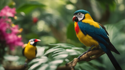 Obraz premium Beautiful parrots in the tropical jungle.